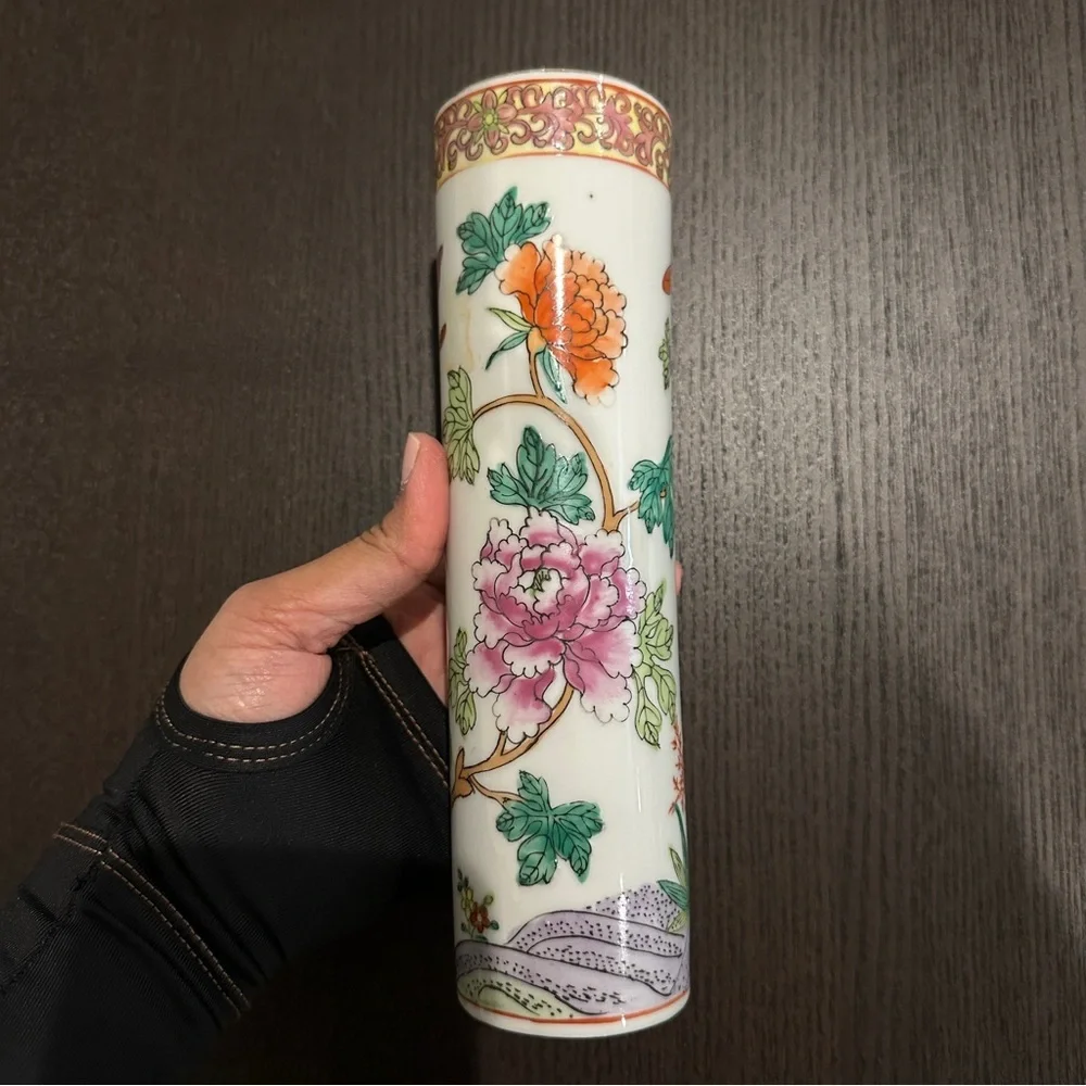 Vintage Oriental Asian Multicolor Artwork Cylindrical Round Vase 8” Tall approx.